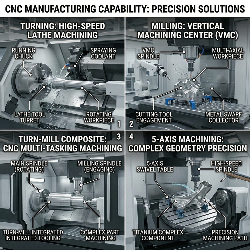 CNC 车削铣削五轴加工能力示意